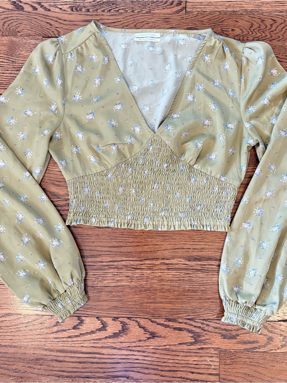 Urban Outfitters Olive Green Floral Smocked V‑Neck Crop Top